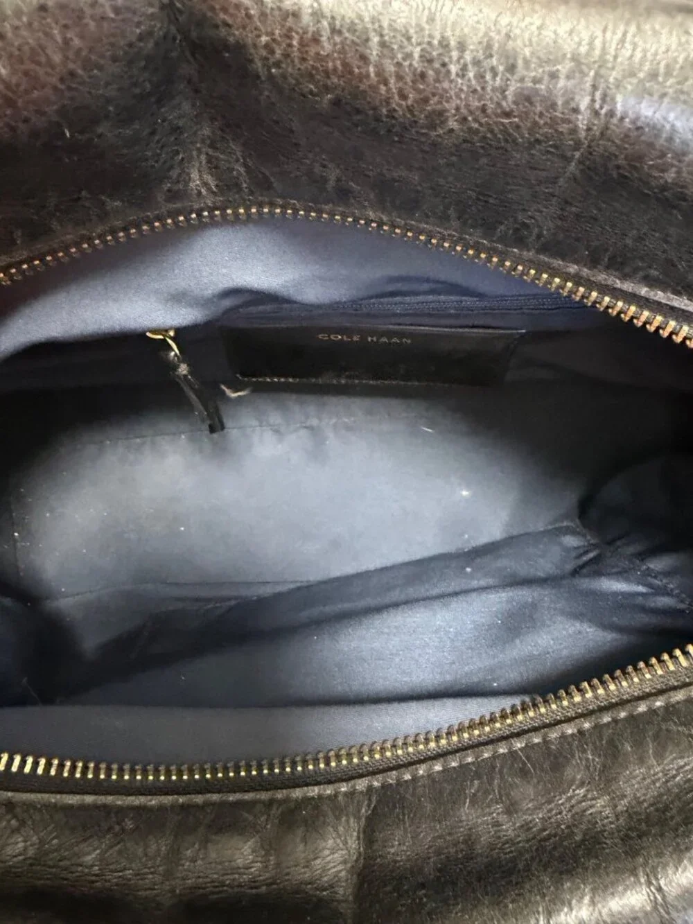 Cole Haan Black Leather Croc-Embossed Satchel Bag With Dual Handles & Zipper Clo